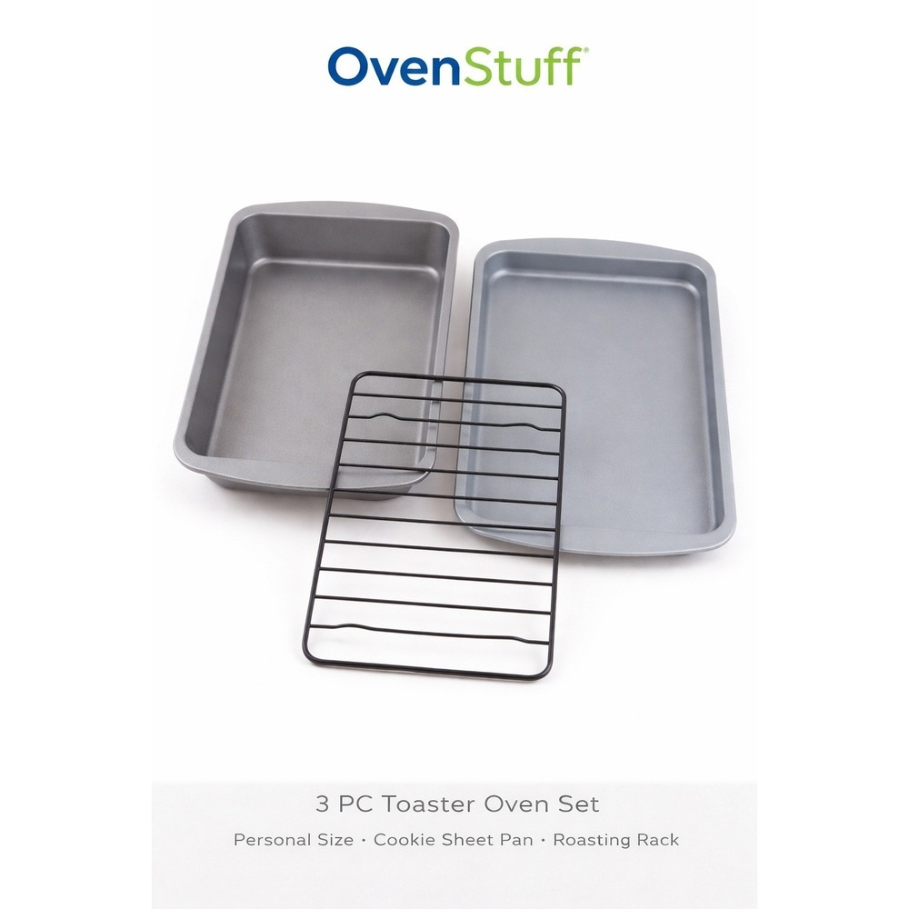 OvenStuff 3 Piece Toaster‎ Oven Set Non-Stick Cookie Sheet Roasting Pan and Rack